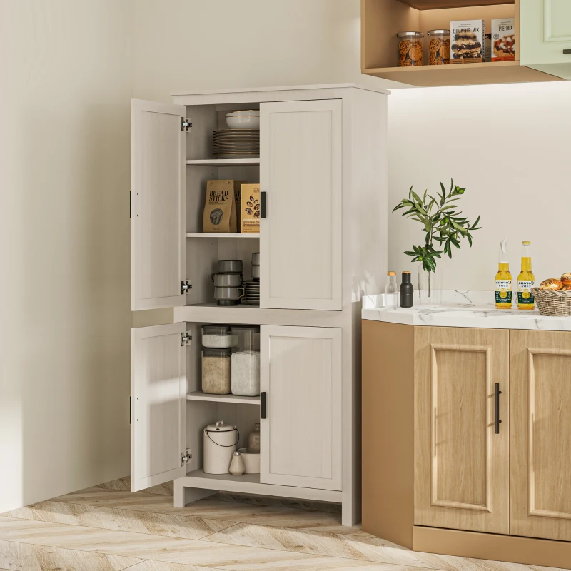 HOMCOM 64" 4-Door Kitchen Pantry, Freestanding Storage Cabinet with 3 Adjustable Shelves for Kitchen, Antique White