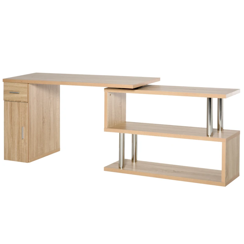 HOMCOM Rotating Computer Desk, 55" L-Shaped Desk, Corner Desk with Storage Shelves, Cabinet and Drawer for Home Office, Natural