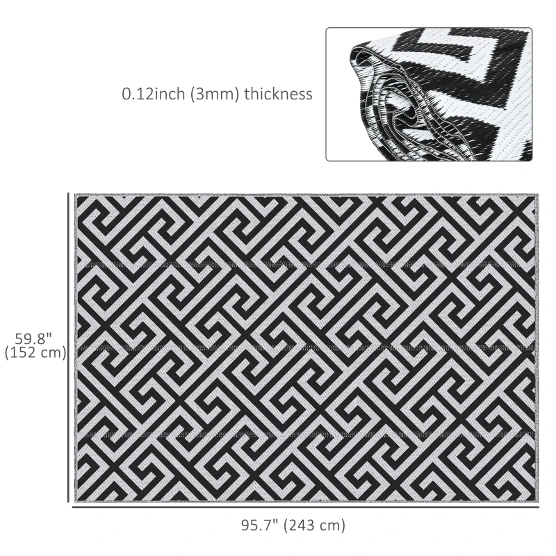 Outsunny Reversible Outdoor RV Rug, Patio Floor Mat, 5' x 8' Plastic Straw Rug for Backyard, Deck, Beach, Camping, Black & White