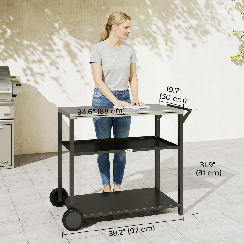 Outsunny Outdoor Grill Cart with Stainless Steel Top, Three-Tier Pizza Oven Stand, BBQ Cart on Wheels, Black