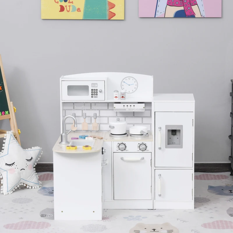 Qaba Corner Kids Kitchen Playset, Wooden Pretend Toy Kitchen Set with Drinking Fountain, Microwave, Fridge and Accessories, Pretend Play Kitchen for 3+ Years, White