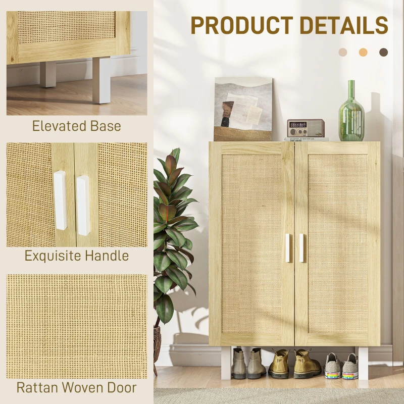 HOMCOM Boho Kitchen Cabinet, Buffet Cabinet with 2 Rattan Doors and Adjustable Shelves for Dining Room, White and Natural