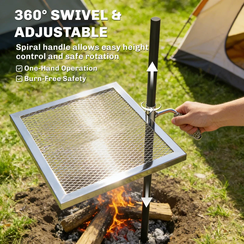Outsunny Swivel Campfire Grill, 360° Adjustable Heavy Duty Chrome-Plated Steel Campfire Cooking Grate, Silver