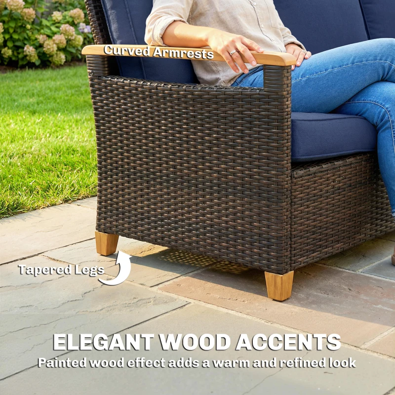 Outsunny 3 Seater Outdoor Couch Sofa, PE Wicker Patio Sofa, Wide Deep Seat, 4" Cushions, Wood-Effect Armrests Legs, Dark Blue