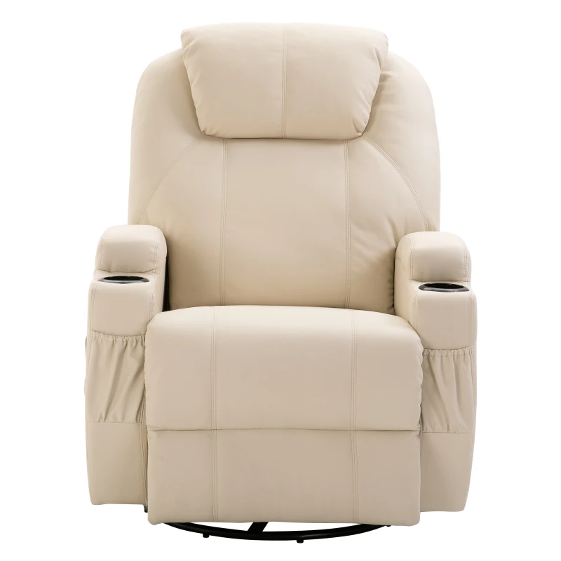 HOMCOM PU Leather Massing Recliner with 8-Point Vibration, Cup Holders, Manual Pull Handle and 360 Swivel, Beige
