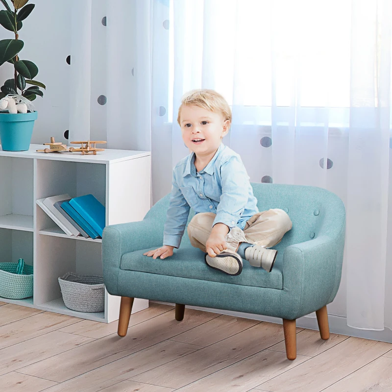Qaba 2-Seat Kids Sofa, Toddler Sofa Couch, Linen-Like Fabric & Wood Frame Sofa Chair for Ages 3-7, 11" High Seat, Blue