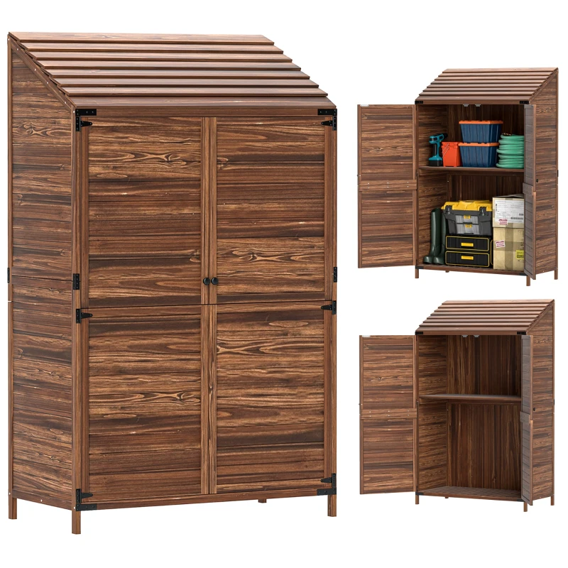 Outsunny Outdoor Storage Cabinet, Wooden Garden Storage Shed with Double Doors and Shelves for Garden Porch Deck, Mixed-Brown