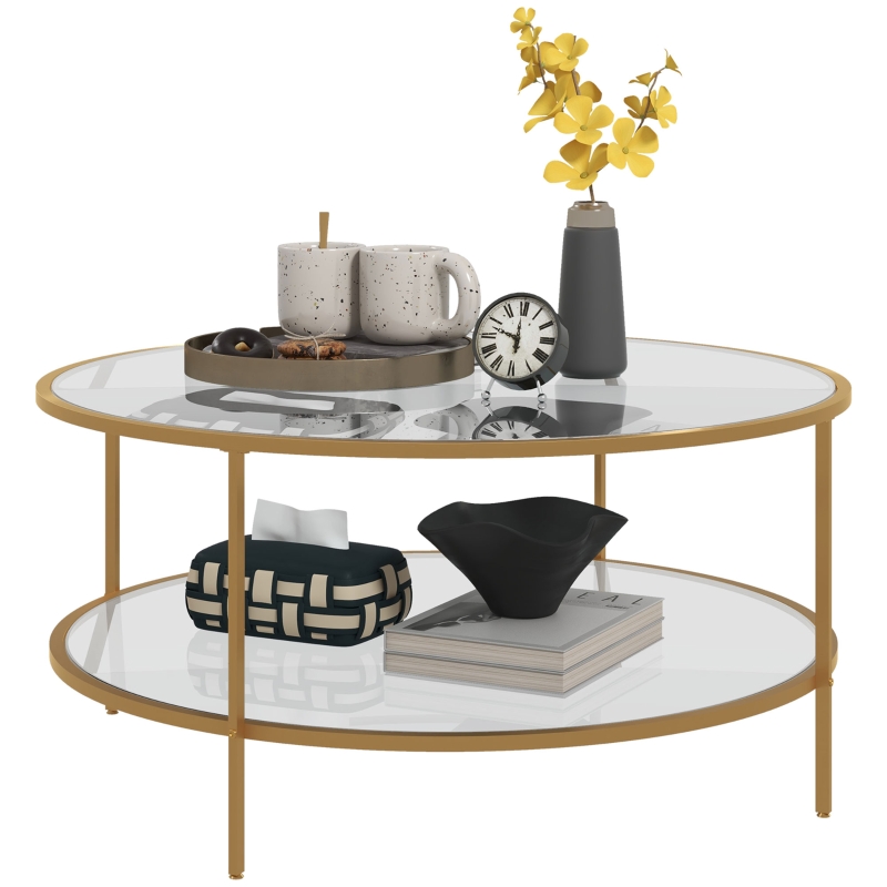 HOMCOM Side Table with Storage, 36" Round End Table, 2-Tier Tempered Glass Coffee Table with Steel Frame for Living Room, Gold