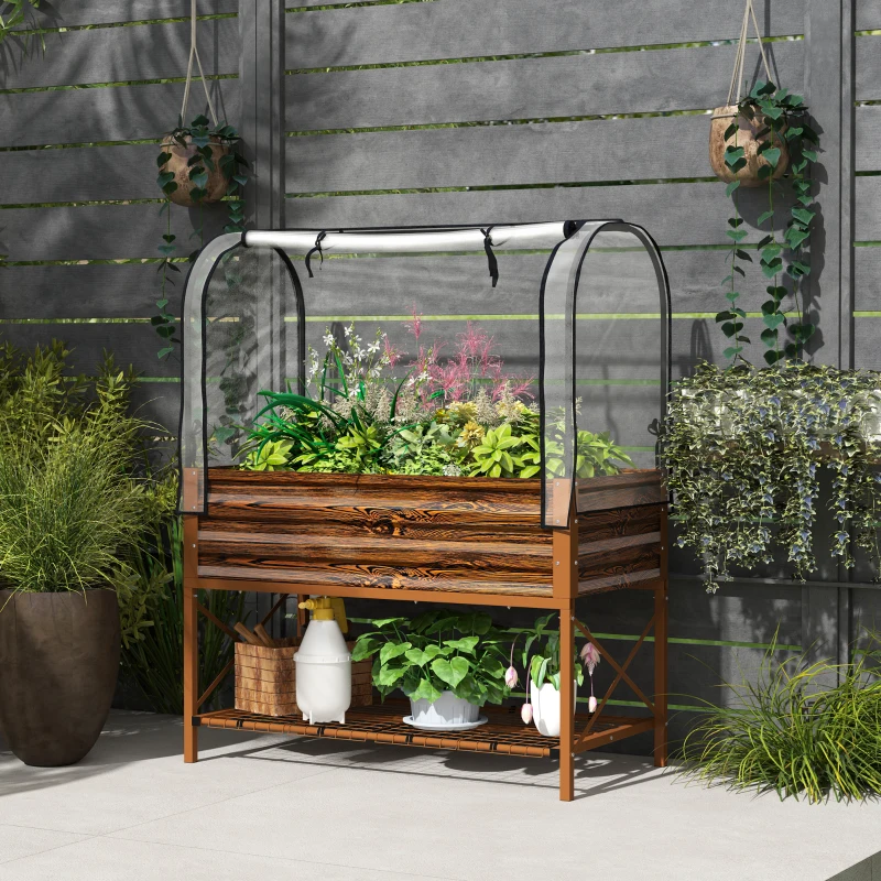 Outsunny Raised Garden Bed with Cover, Metal Elevated Planter Box with Bottom Shelf and Liner, Dark Brown Wood Effect