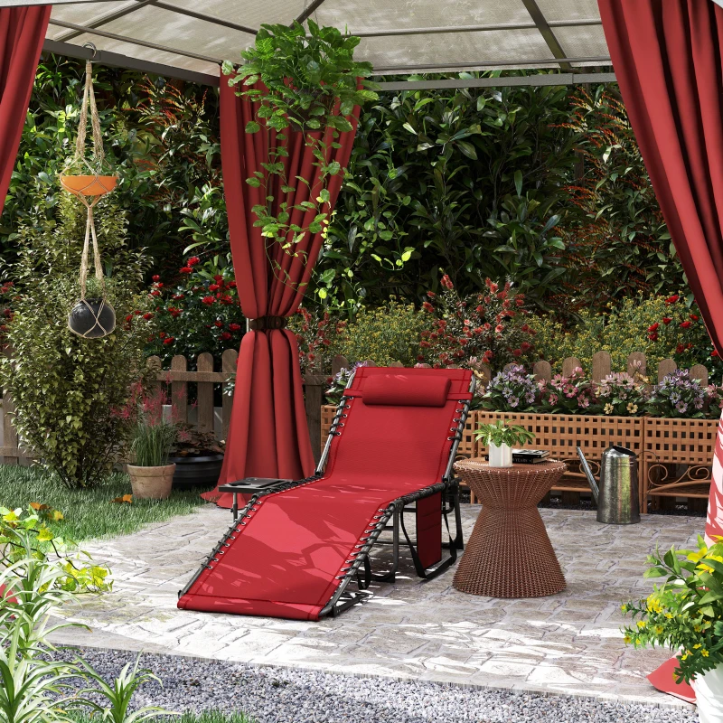 Outsunny Folding Lounge Chair, Outdoor Chaise Lounge Tanning Chair with Adjustable Back, Side Table, Headrest, Red