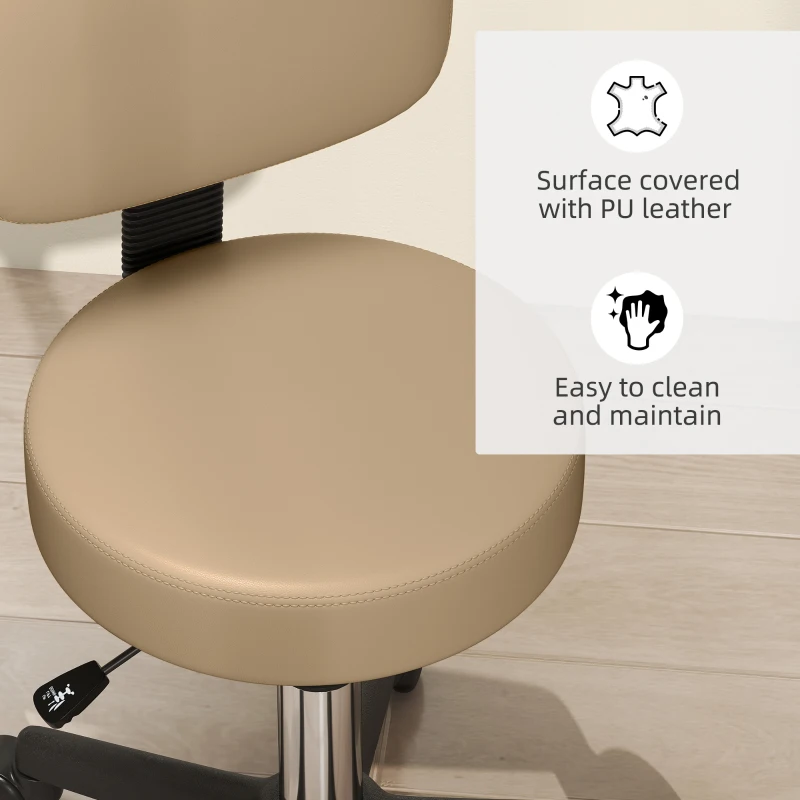 HOMCOM PU Leather Adjustable Rolling Stool, Round Swivel Drafting Stool with Back, Wheels, Light Brown