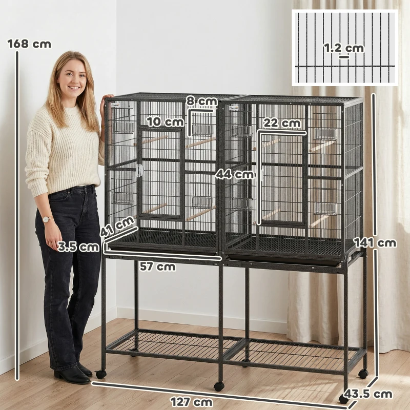 PawHut 56"H Bird Cage, Parrot Cage w/ Detachable Rolling Stand, Removable Tray, Storage Shelf, Perches, Food Container