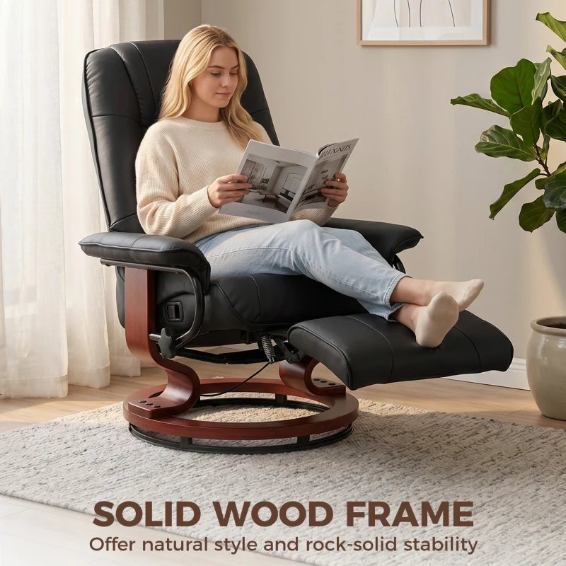 HOMCOM Swivel Recliner Chair, PU Leather Reclining Armchair with Retractable Footrest, Lounge Chair with Wood Base and Adjustable High Back for Small Spaces, Living Room, RV, Bedroom,  Black