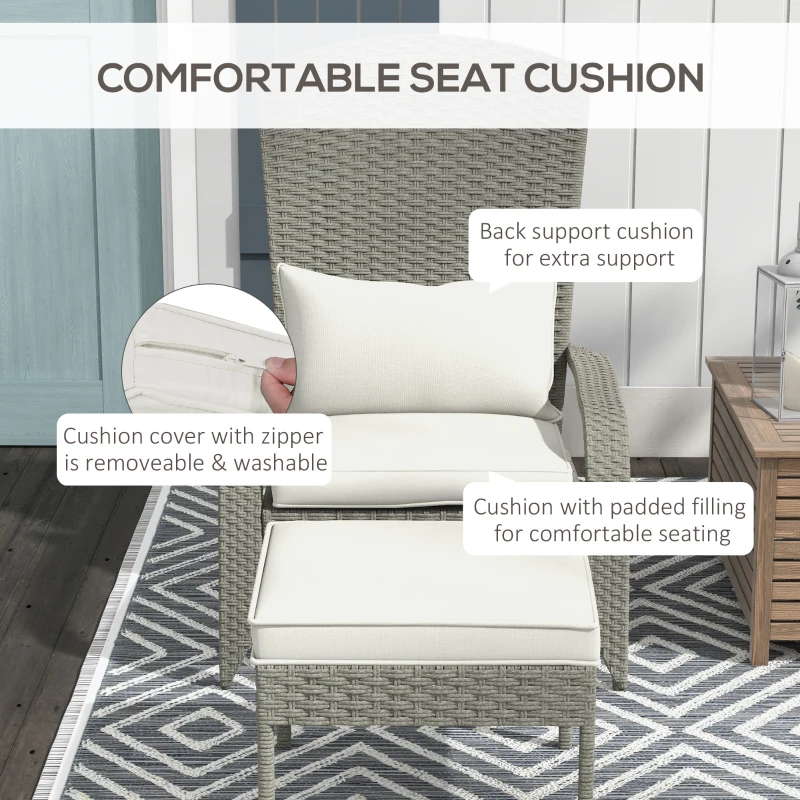 Outsunny Wicker Adirondack Chair with Ottoman, Patio Cushioned Muskoka Chair, Outdoor Fire Pit Chair with High-back and Armrests, for Deck, Garden, Backyard, Grey/Cream White