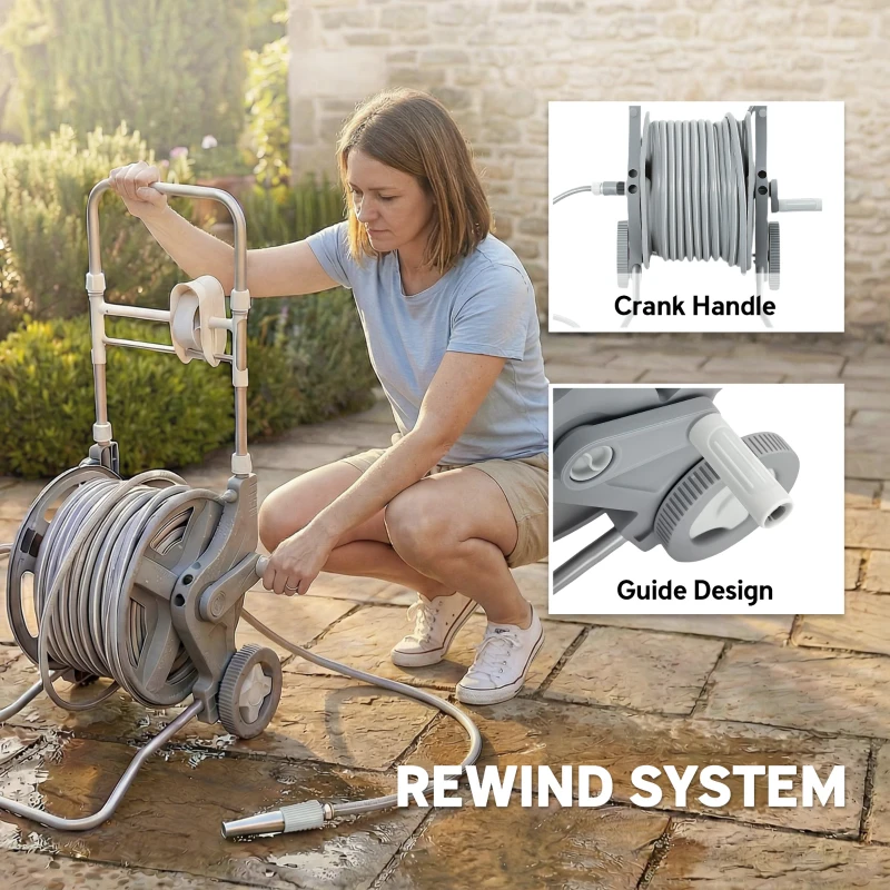 Outsunny Hose Reel Cart with Wheels, 1/2" x 148ft Garden Hose Reel with 2 Patterns Nozzle, Faucet Adaptors, Rewind Handle, Grey