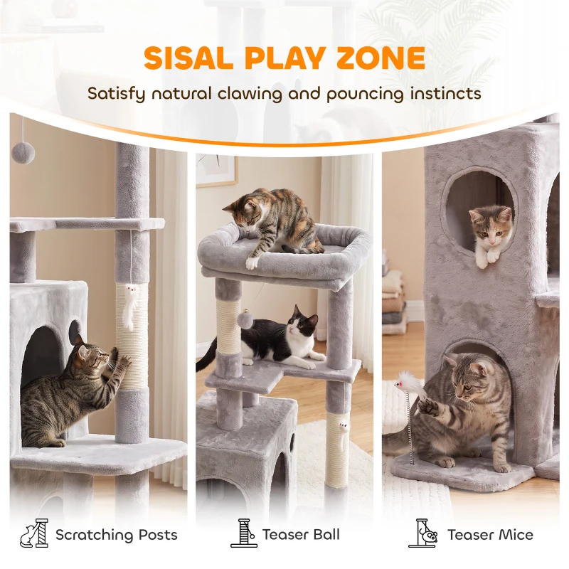 PawHut 52" Cat Tree, Multi-Level Large Cat Tower House with 2-Tier Condo, Bed, Sisal Scratching Posts, Light Grey