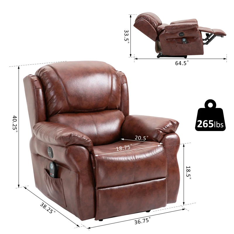 HOMCOM Vibration Massage Recliner Chair for Living Room with Heat,   Single Sofa, PU Leather Power Reclining Chair, Home Theater Seating with Footrest, Brown