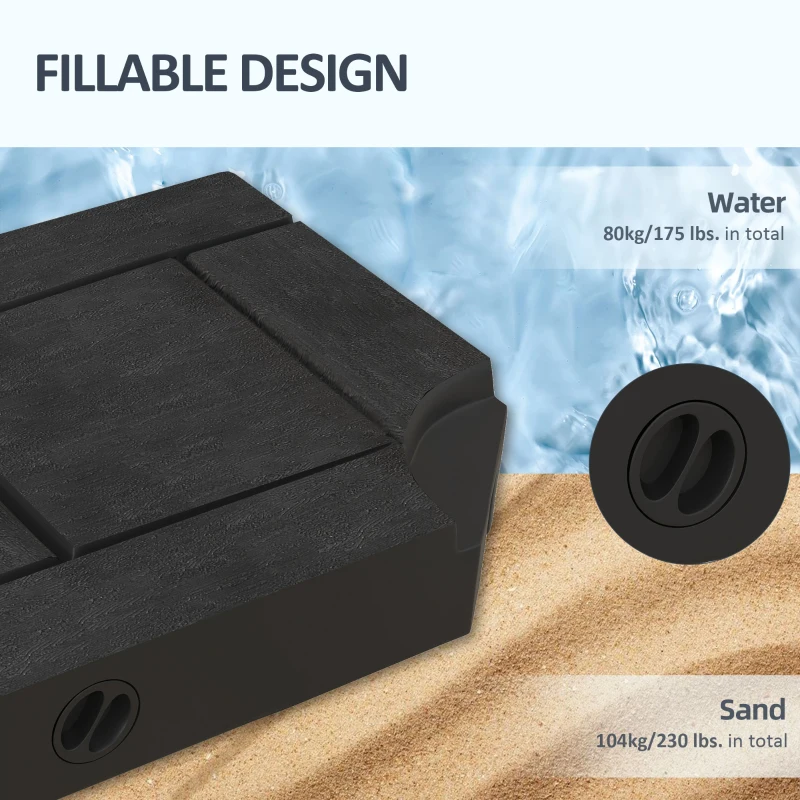Outsunny Offset Umbrella Base Weight Set, Fillable Outdoor Umbrella Weights, 175 lb. with Water or 230 lb. with Sand, Black