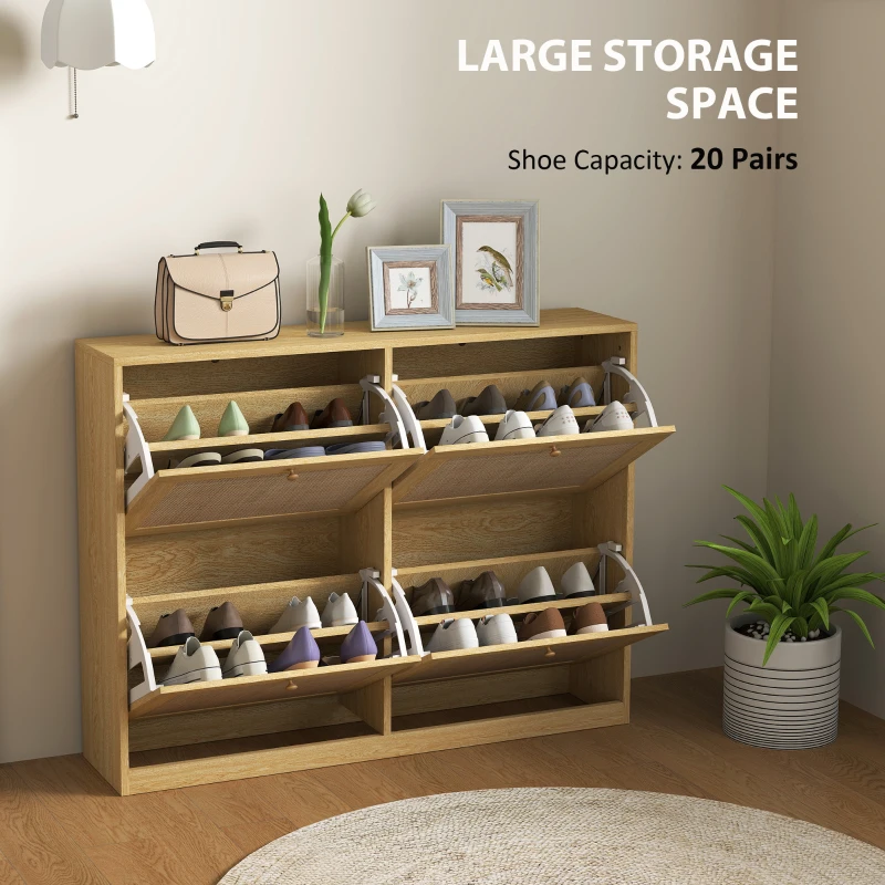 HOMCOM Narrow Shoe Storage Cabinet, Rattan Shoe Cabinet with 4 Flip Drawers and Adjustable Shelves for 20 Pairs, Oak