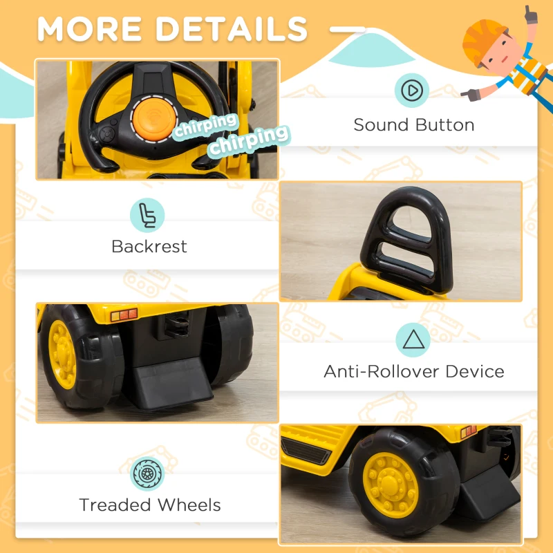 Aosom Kids Ride on Excavator Pulling Cart with Sound Effects, No Power Digger Scooter Ride-on Toy Construction Vehicle