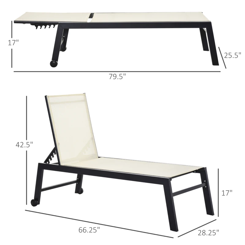 Outsunny Outdoor Chaise Lounge with Wheels, Five Position Recliner for Sunbathing, Suntanning, Steel Frame, Cream White