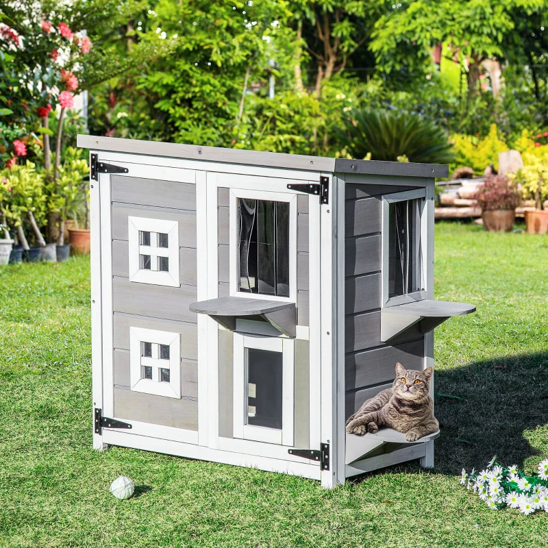 PawHut 2-Tier Cat House, Outdoor Feral Cat Shelter, with Weather Resistant Roof, Escape Door, PVC Curtain, Glass Window, Grey