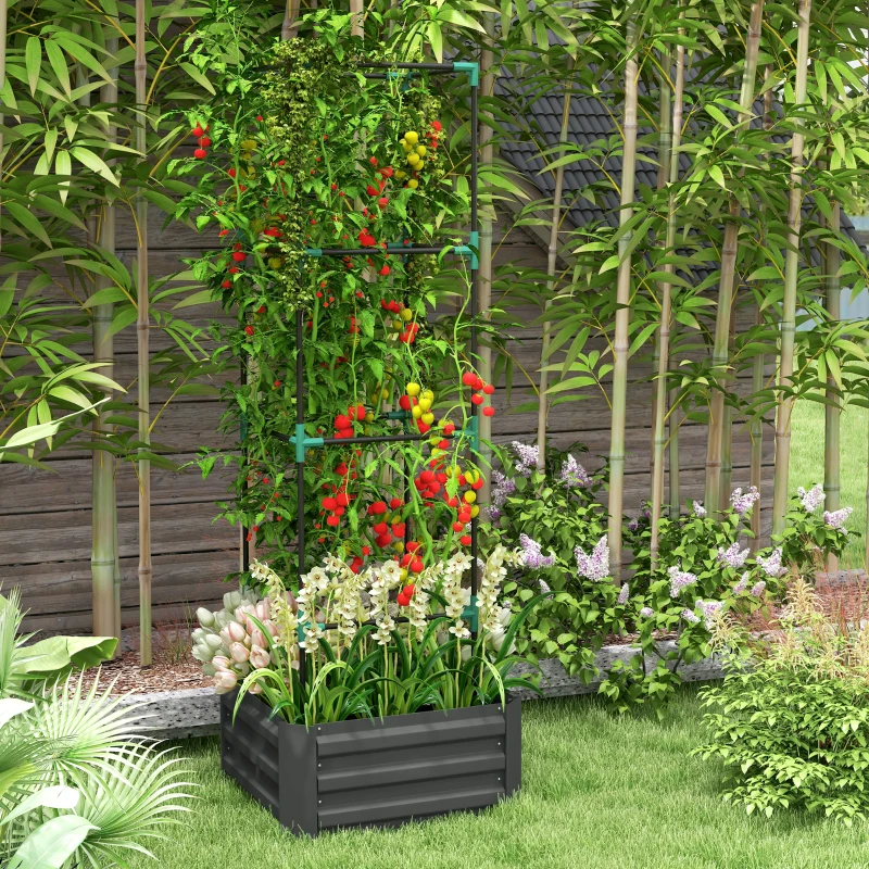 Outsunny Galvanized Planter Box, Outdoor Raised Garden Bed with 4-Tier Trellis Tomato Cage for Climbing Vines, Vegetables, Grey