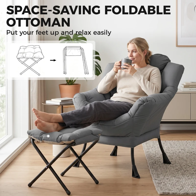 HOMCOM Lazy Chair with Ottoman, Peach Skin Fabric Reading Chair with Foldable Footstool, Plush Cushion, Tufted, Dark Grey