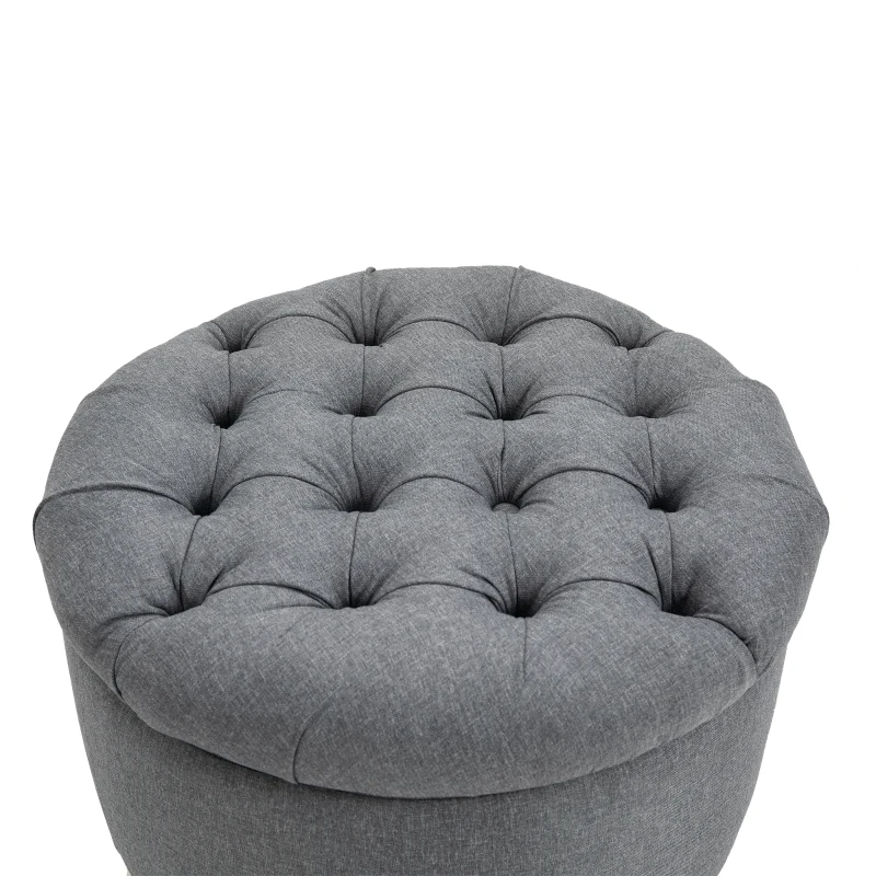 HOMCOM Round Linen-touch Fabric Storage Footstool Ottoman Button Tufted Footrest with Removable Lid, Grey