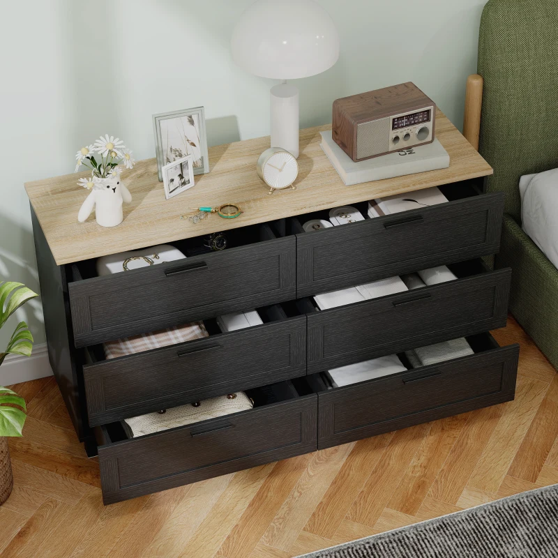 HOMCOM 47" Wide Chest of Drawers, Modern Dresser with 6 Drawers and Wood Legs for Bedroom, Living Room, Entryway, Black