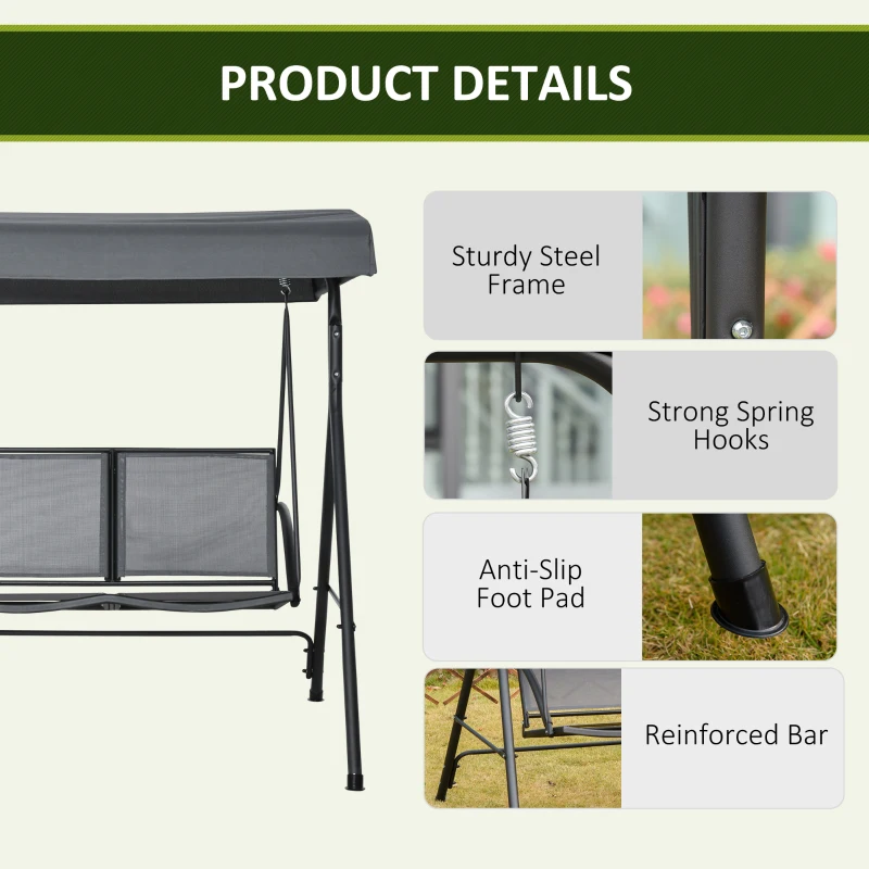 Outsunny 2-Seat Patio Swing Chair, Outdoor Porch Swing Glider w/ Tilting Canopy and Weather Resistant Steel Frame, Dark Grey