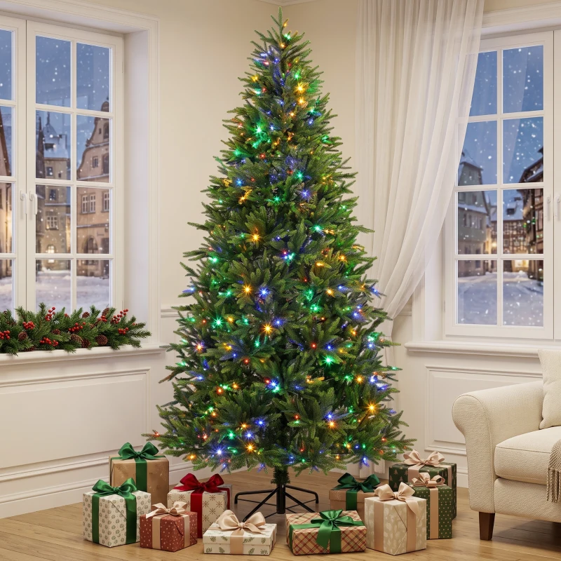 HOMCOM 6ft Prelit Christmas Tree with Dual-Color LEDs, All Realistic Tips, Hinged Xmas Nordmann Fir with 11 Modes, Remote