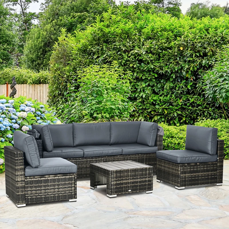 Outsunny Outdoor Daybed with Canopy, 4 Piece Sectional Patio Furniture Set, Cushions, Coffee Table Ottoman, PE Wicker Conversation Sofa Set & Convertible Sunbed, Gray