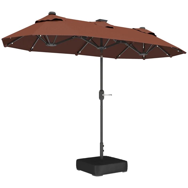 Outsunny Double-sided Outdoor Patio Umbrella with Solar Lights and Base, Dining Table Umbrella Push Button Tilt, Coffee