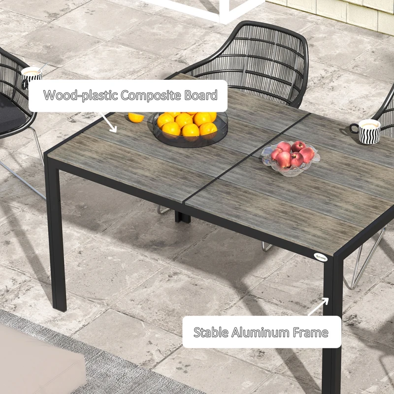 Outsunny Patio Table for 6 with Aluminum Frame, Faux Wood Tabletop, Rectangular Outdoor Table for Backyard, Lawn, Balcony, Gray