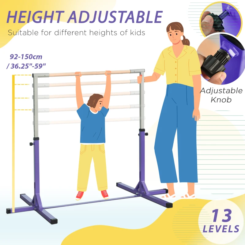Soozier Professional Gymnastics Bar for Kids, Toddler Home Gymnastics Equipment with 13-level Adjustable Height, Purple
