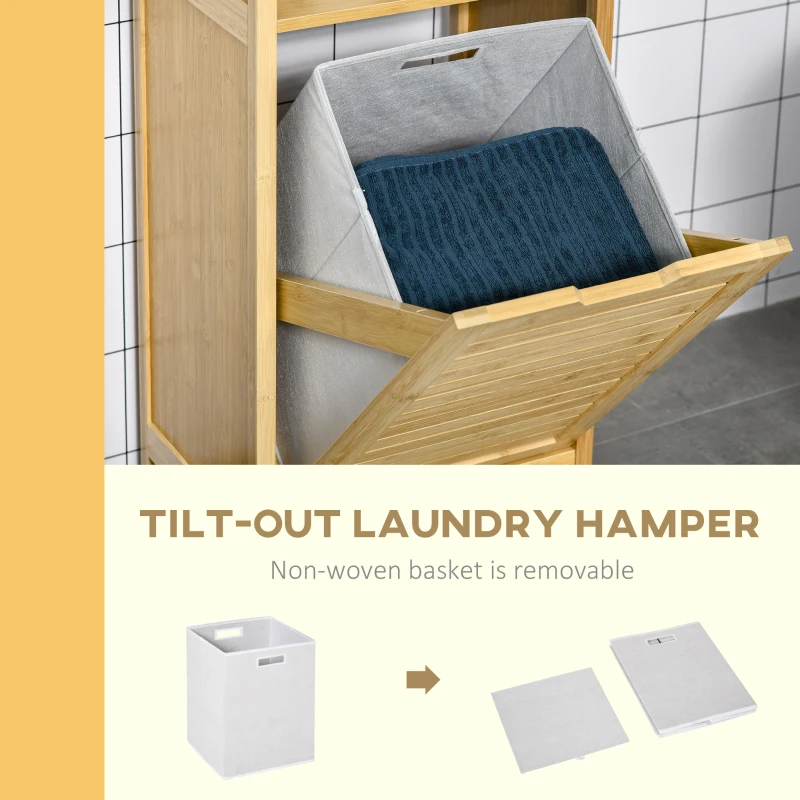 kleankin Bamboo Laundry Hamper Cabinet, Bathroom Storage Organizer with Tilt Out Laundry Basket for Dirty Clothes, Natural