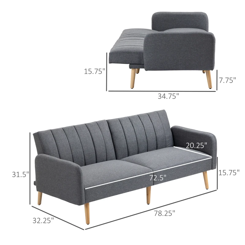 HOMCOM Two Seater Sofa Bed, Convertible Futon Couch Bed, Linen Upholstered Loveseat with Adjustable Backrest for Small Spaces, Living Room, Apartment, and Dorm, Light Gray