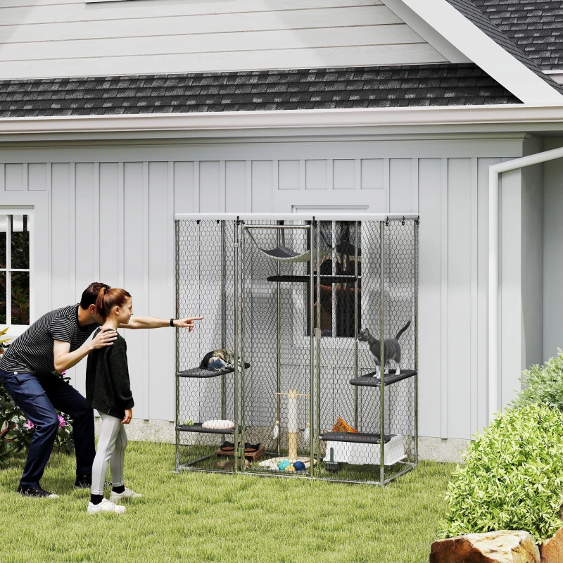 PawHut Catio Outdoor Cat Enclosure, Galvanized Steel Walk-in Cat Cage with Waterproof Cover, 5 Adjustable Platforms, Hammock