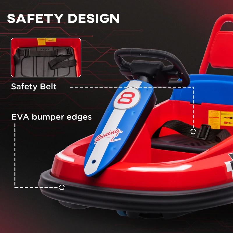 Aosom Kids Bumper Car, 6V 360° Rotation Electric Ride on Car, Twin Motors Battery Powered Toy with Music, Horn and Lights, Safety Belt, for Boys and Girls Aged 18-48 Months - Red
