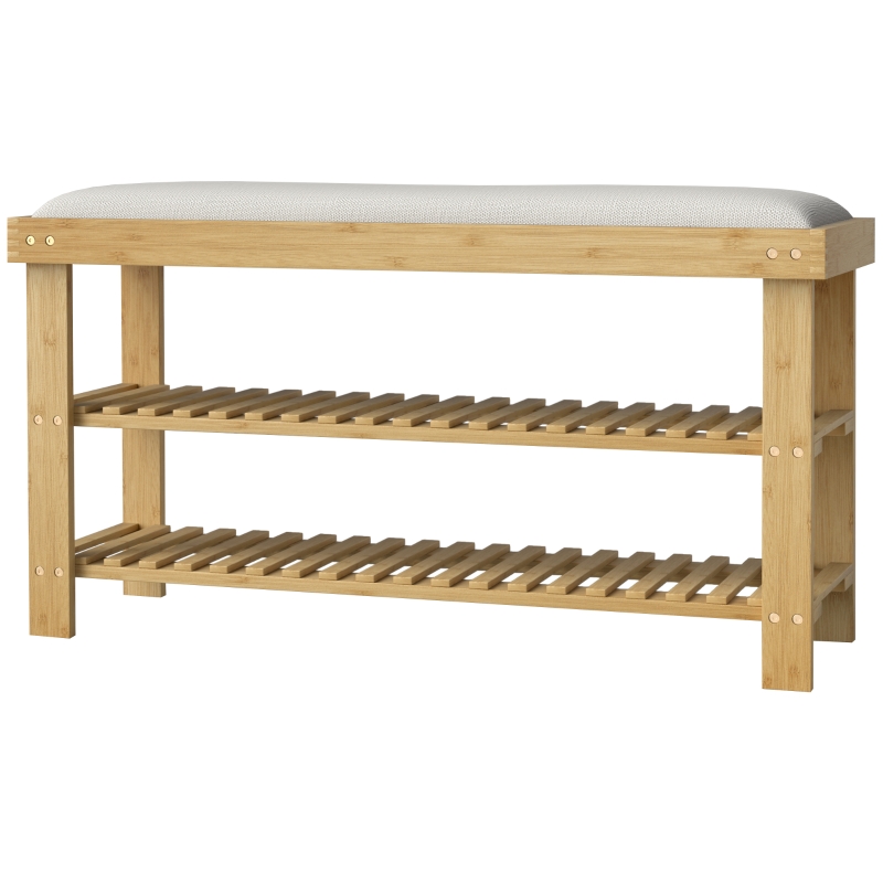 HOMCOM Bamboo Shoe Storage Bench, 3-Tier Entryway Bench with Cushion, Shoe Organizer for Entryway, Hallway, Natural