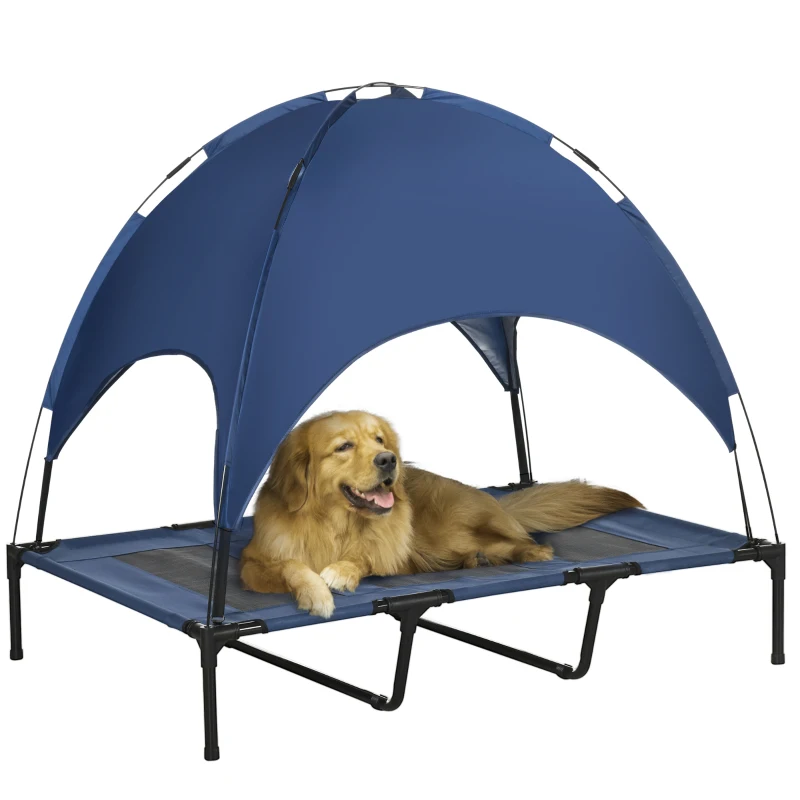 PawHut 48" x 36" Elevated Portable Dog Cot Cooling Pet Bed with UV Protection Canopy Shade, Dark Blue