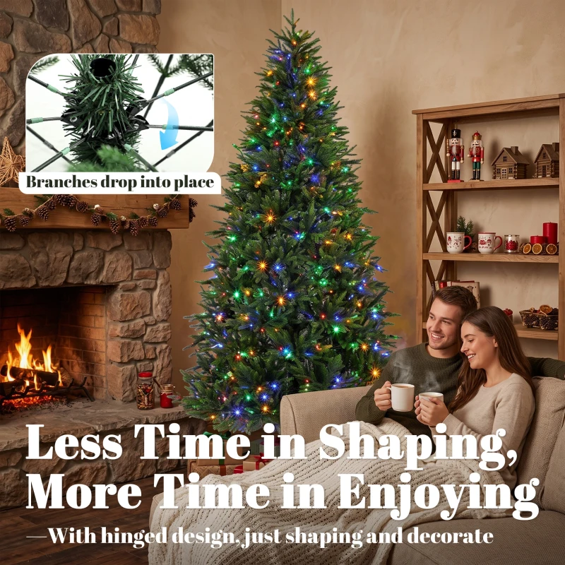HOMCOM 7.5ft Prelit Christmas Tree with Dual-Color LEDs, All Realistic Tips, Hinged Xmas Nordmann Fir with 11 Modes, Remote