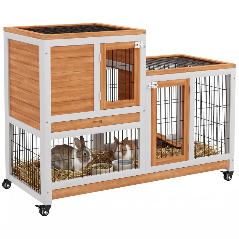 PawHut Wooden Rabbit Hutch, Indoor Bunny Cage with Wheels, Pull Out Trays, Run, Yellow
