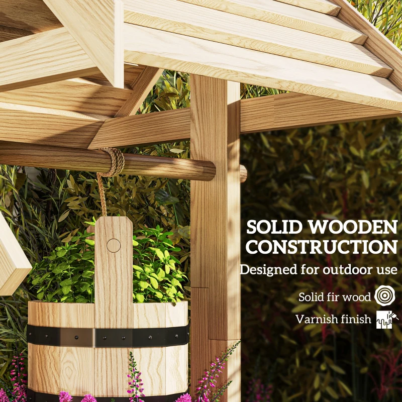 Outsunny Wood Wishing Well Outdoor Wooden Planter with Hanging Bucket and Drainage Hole for Garden, Patio, Backyard, Natural