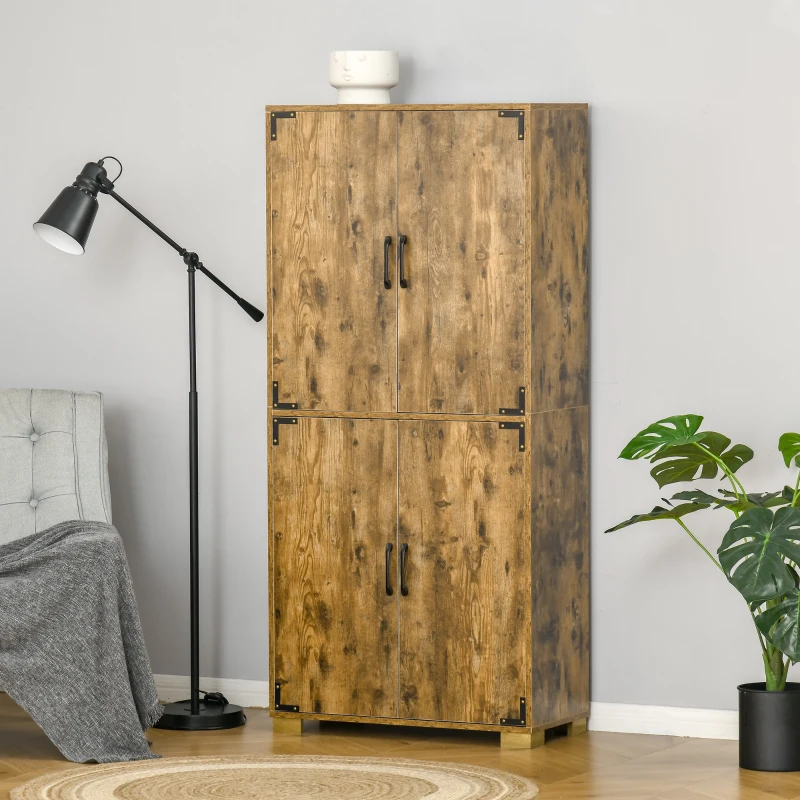HOMCOM Industrial Kitchen Pantry Cabinet with 4 Doors and Storage Shelves, Freestanding Storage Cabinet, Rustic Wood