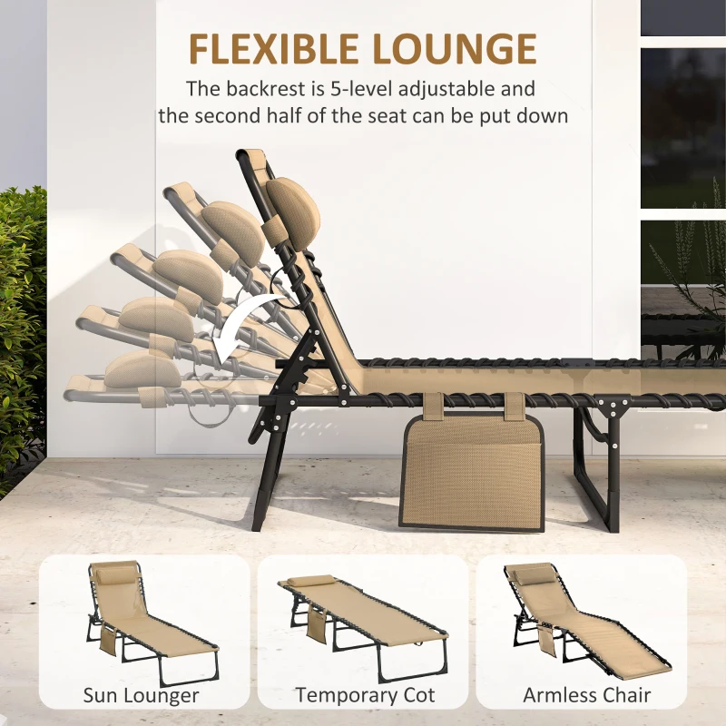 Outsunny Outdoor Folding Chaise Lounge, Reclining Lounge Chair with Adjustable Backrest and Removable Pillow, Beige