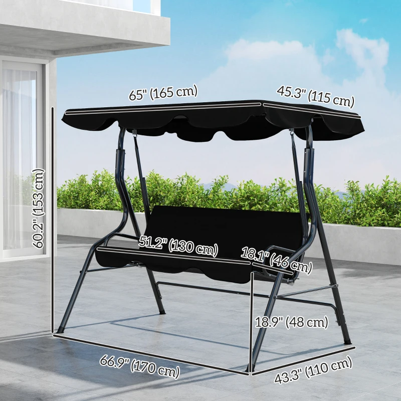 Outsunny Outdoor Porch Swing with Adjustable Canopy, 3-Seater Patio Swing Chair with Cushion, Black
