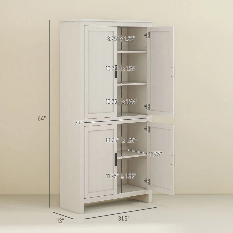 HOMCOM 64" 4-Door Kitchen Pantry, Freestanding Storage Cabinet with 3 Adjustable Shelves for Kitchen, Antique White
