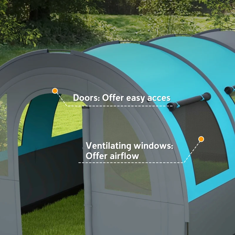 Outsunny 3 Person Camping Tent with Living Room and Bedroom, 3000mm Waterproof Tunnel Large Family Tent, Grey and Blue